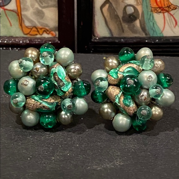 Japan Jewelry - Japan Vintage Glass and Acrylic Cluster Earrings with Green Beads